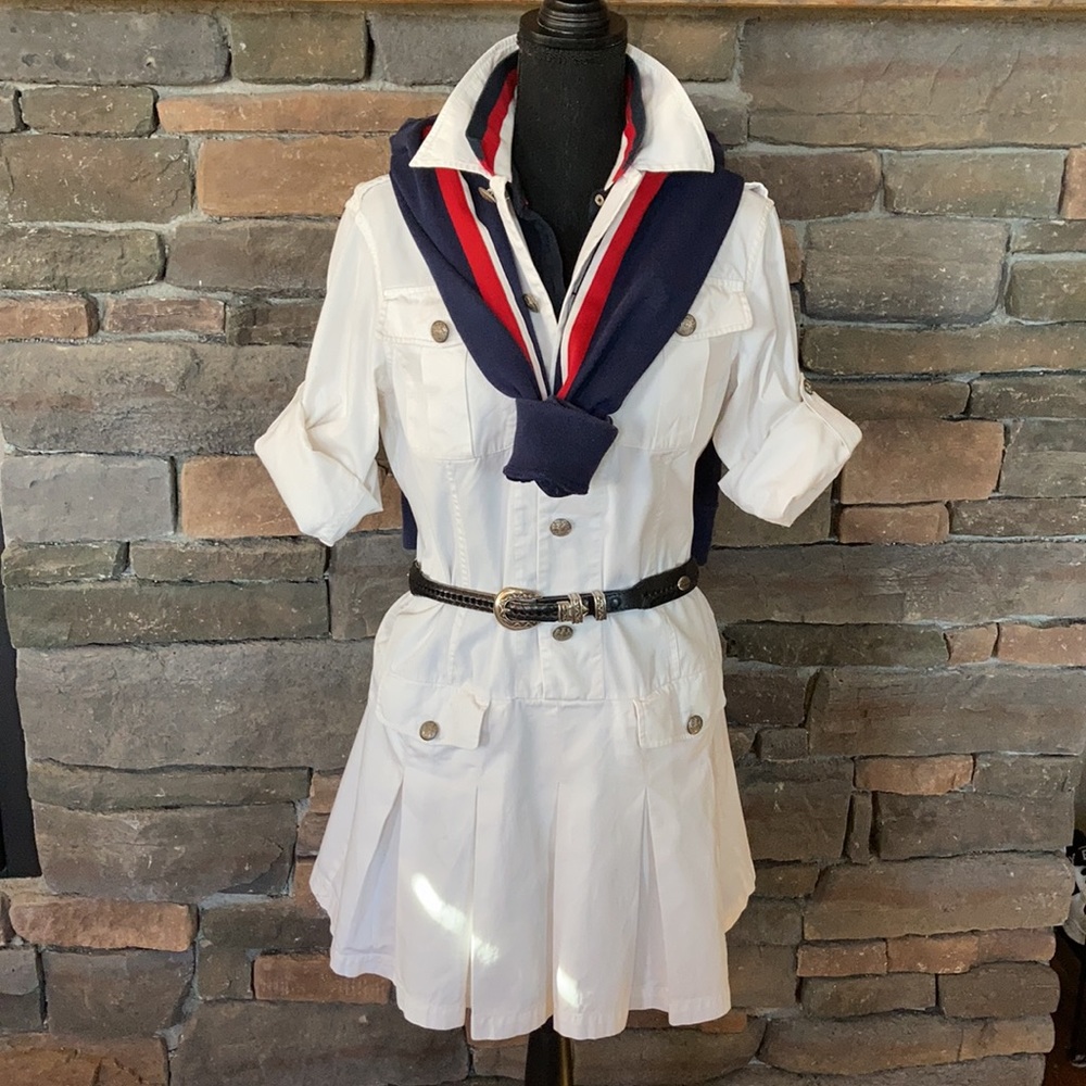 Ralph Lauren White Button-Front Polo Dress with Navy & Red Collar